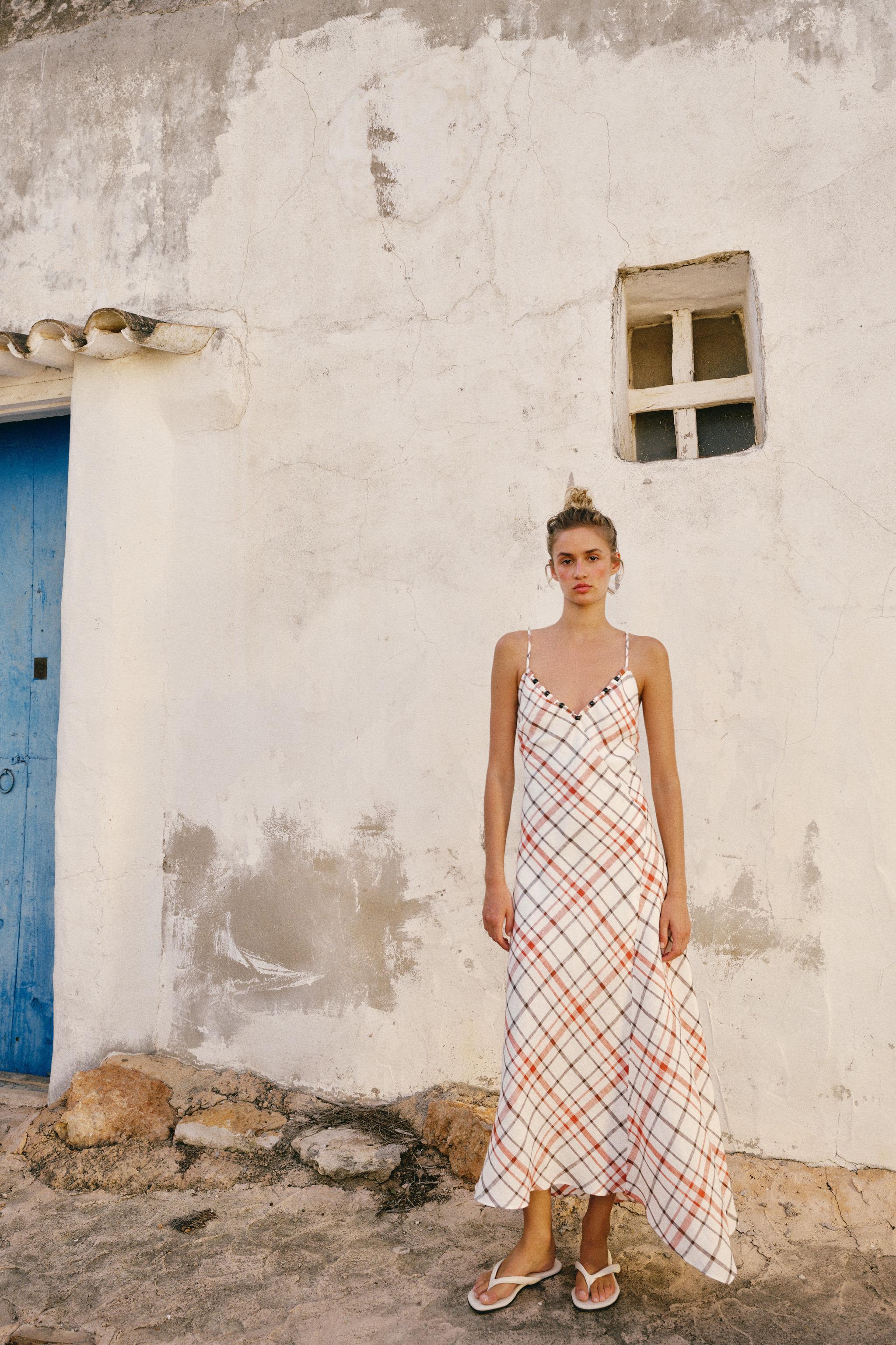 PLAID LINEN BLEND MIDI DRESS